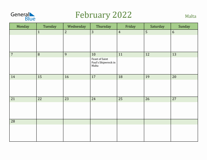February 2022 Calendar with Malta Holidays