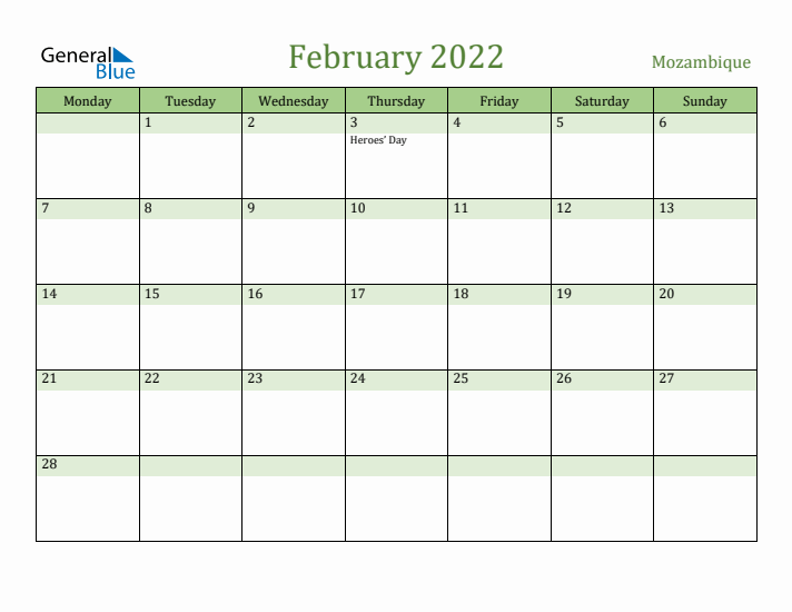 February 2022 Calendar with Mozambique Holidays
