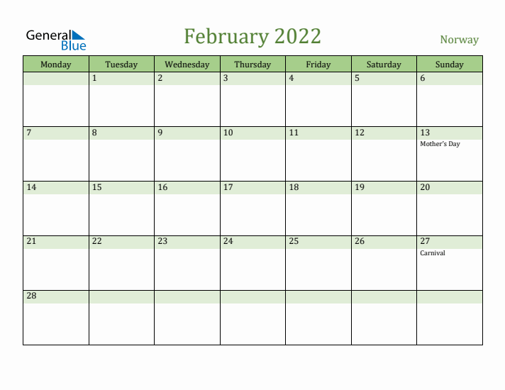 February 2022 Calendar with Norway Holidays