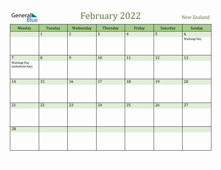 February 2022 Calendar with New Zealand Holidays
