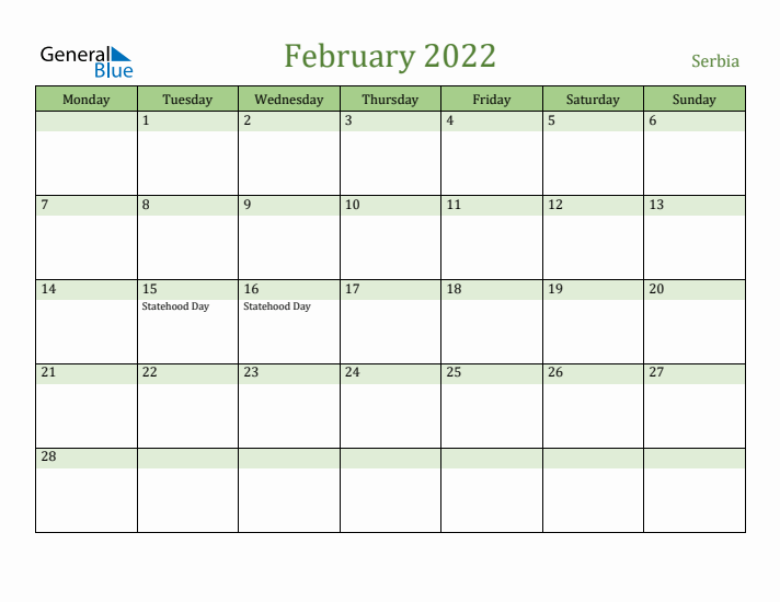 February 2022 Calendar with Serbia Holidays