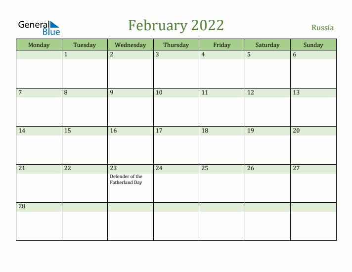 February 2022 Calendar with Russia Holidays