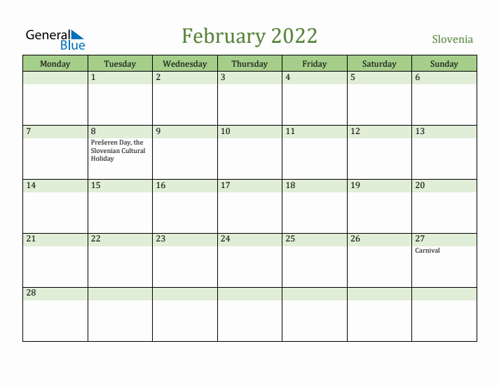 February 2022 Calendar with Slovenia Holidays