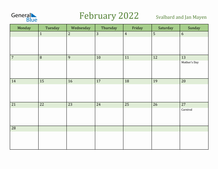 February 2022 Calendar with Svalbard and Jan Mayen Holidays