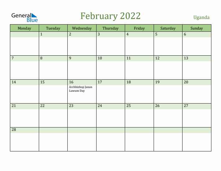 February 2022 Calendar with Uganda Holidays