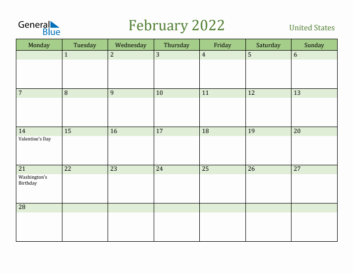 February 2022 Calendar with United States Holidays