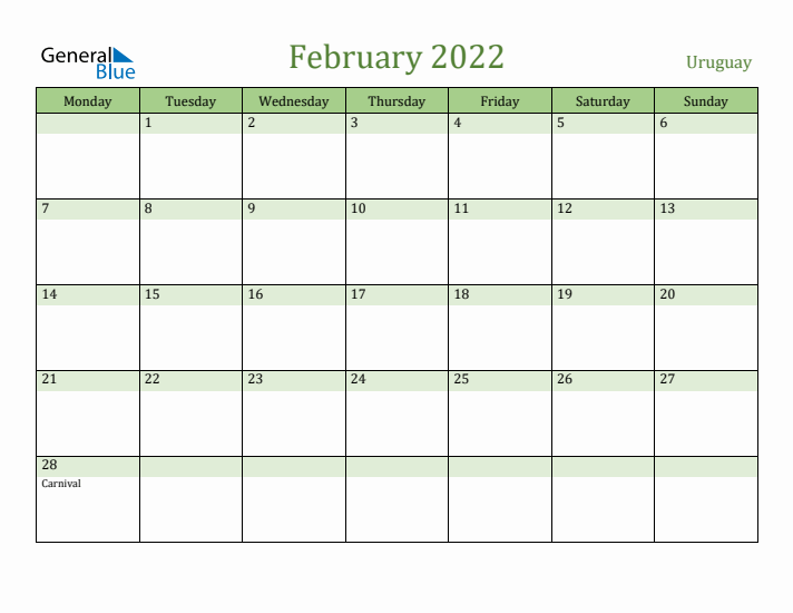 February 2022 Calendar with Uruguay Holidays