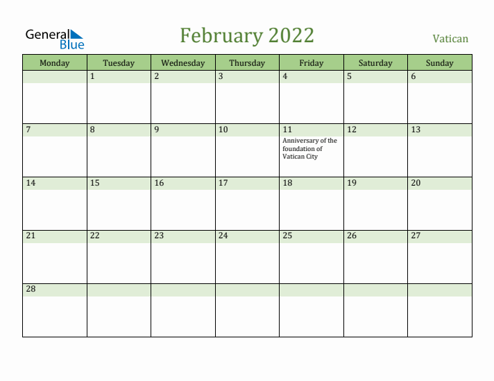 February 2022 Calendar with Vatican Holidays