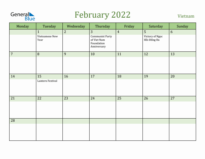 February 2022 Calendar with Vietnam Holidays