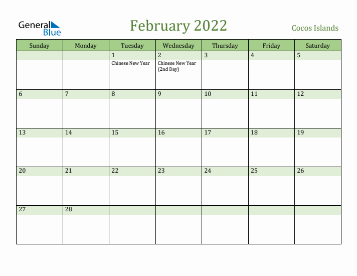 February 2022 Calendar with Cocos Islands Holidays