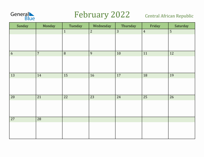 February 2022 Calendar with Central African Republic Holidays