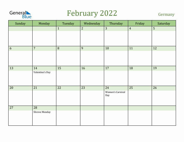 February 2022 Calendar with Germany Holidays