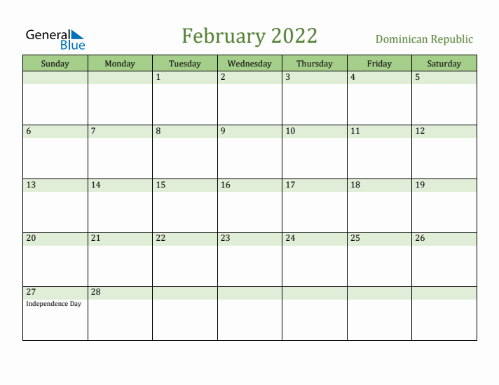 February 2022 Calendar with Dominican Republic Holidays