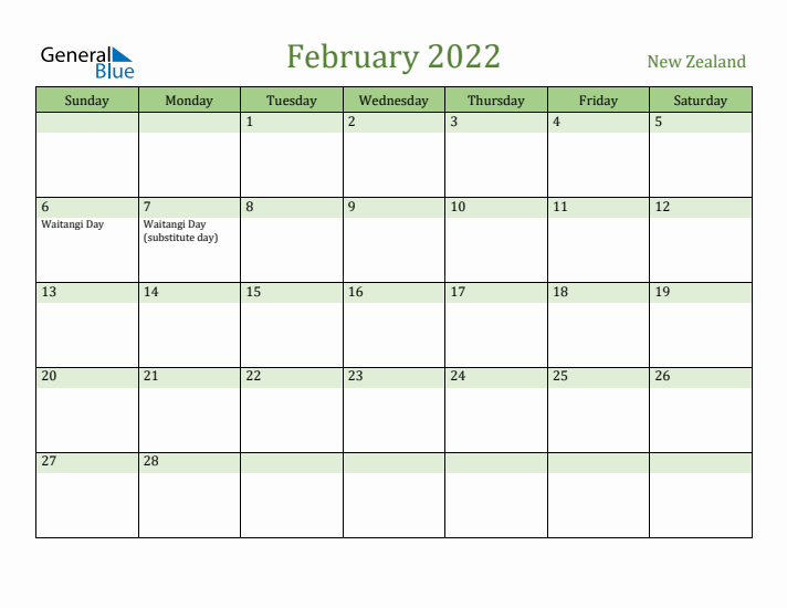 February 2022 Calendar with New Zealand Holidays