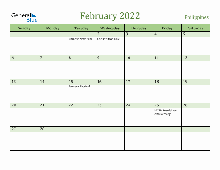 February 2022 Calendar with Philippines Holidays
