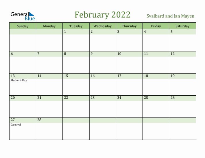 February 2022 Calendar with Svalbard and Jan Mayen Holidays