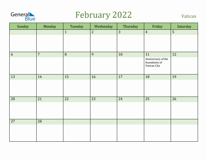 February 2022 Calendar with Vatican Holidays