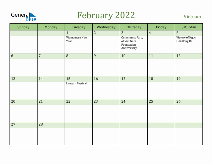 February 2022 Calendar with Vietnam Holidays