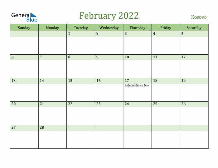 February 2022 Calendar with Kosovo Holidays
