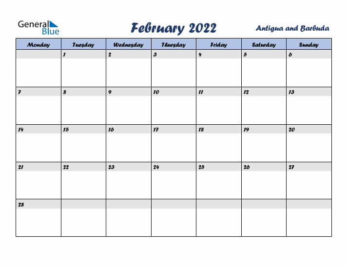 February 2022 Calendar with Holidays in Antigua and Barbuda