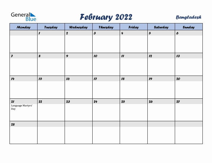 February 2022 Calendar with Holidays in Bangladesh