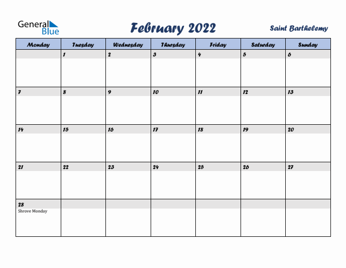 February 2022 Calendar with Holidays in Saint Barthelemy
