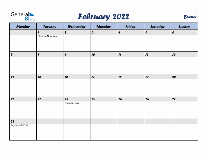 February 2022 Calendar with Holidays in Brunei