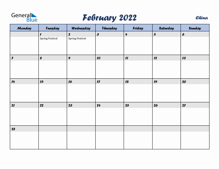 February 2022 Calendar with Holidays in China