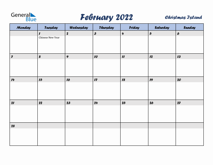 February 2022 Calendar with Holidays in Christmas Island