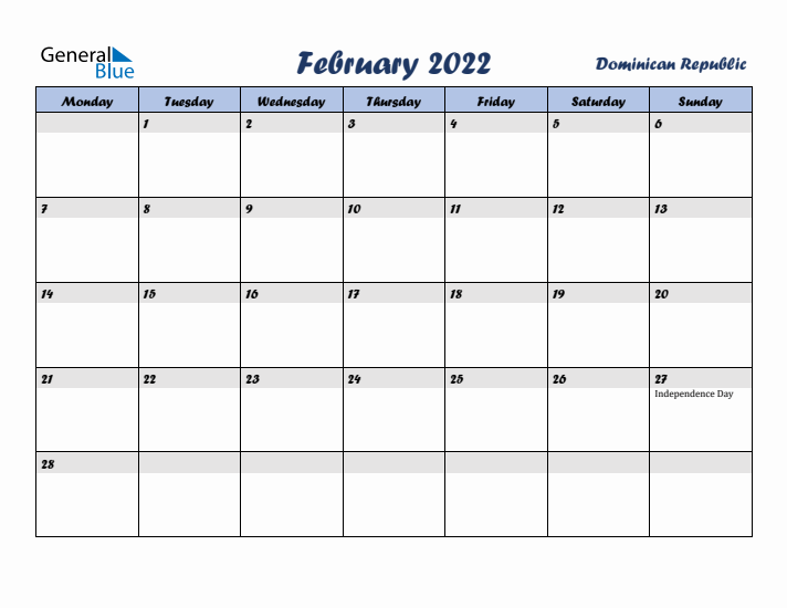 February 2022 Calendar with Holidays in Dominican Republic