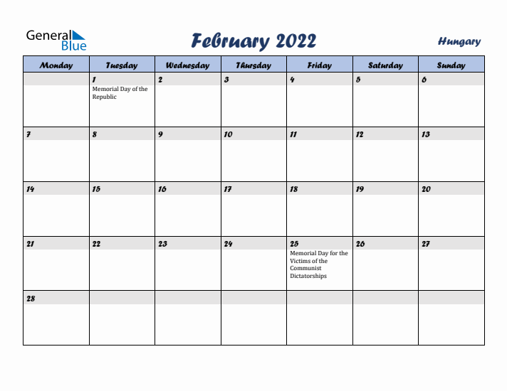February 2022 Calendar with Holidays in Hungary
