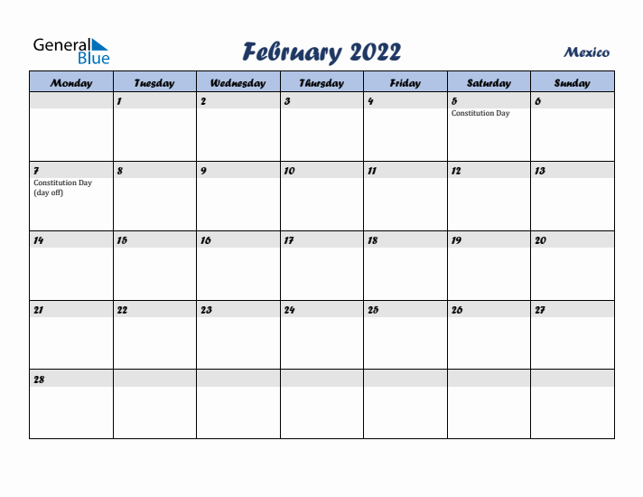 February 2022 Calendar with Holidays in Mexico