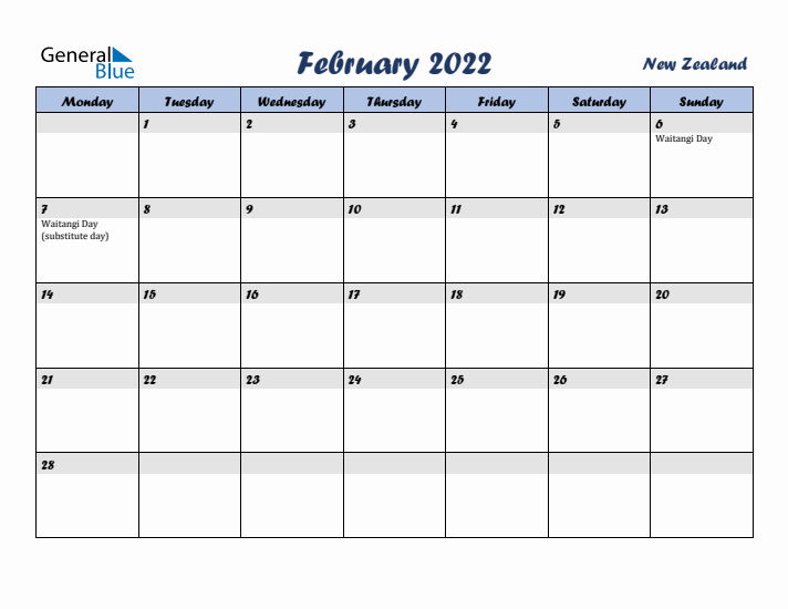 February 2022 Calendar with Holidays in New Zealand