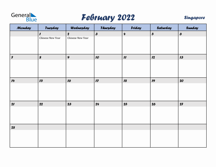 February 2022 Calendar with Holidays in Singapore