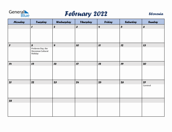 February 2022 Calendar with Holidays in Slovenia