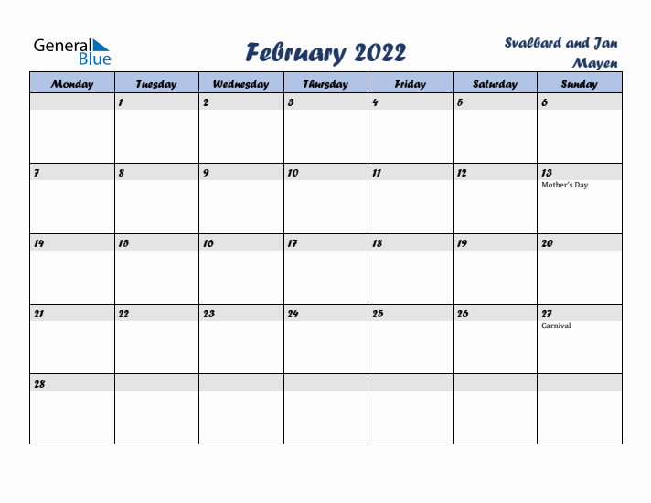 February 2022 Calendar with Holidays in Svalbard and Jan Mayen