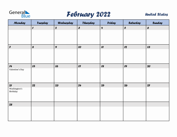 February 2022 Calendar with Holidays in United States