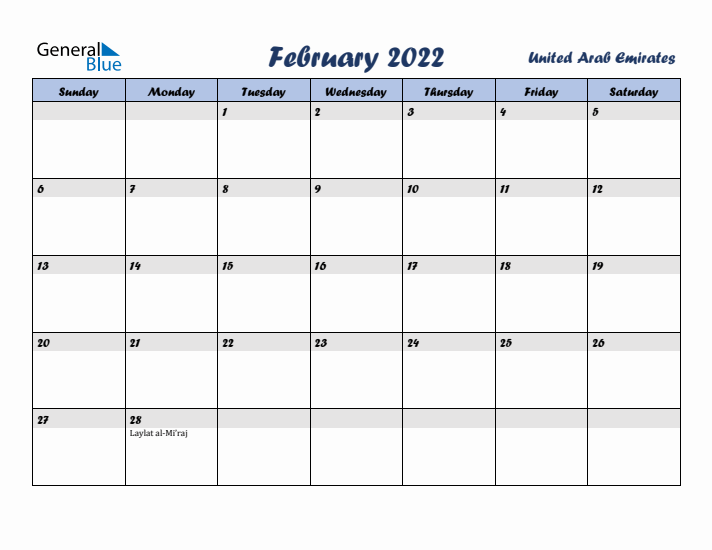 February 2022 Calendar with Holidays in United Arab Emirates