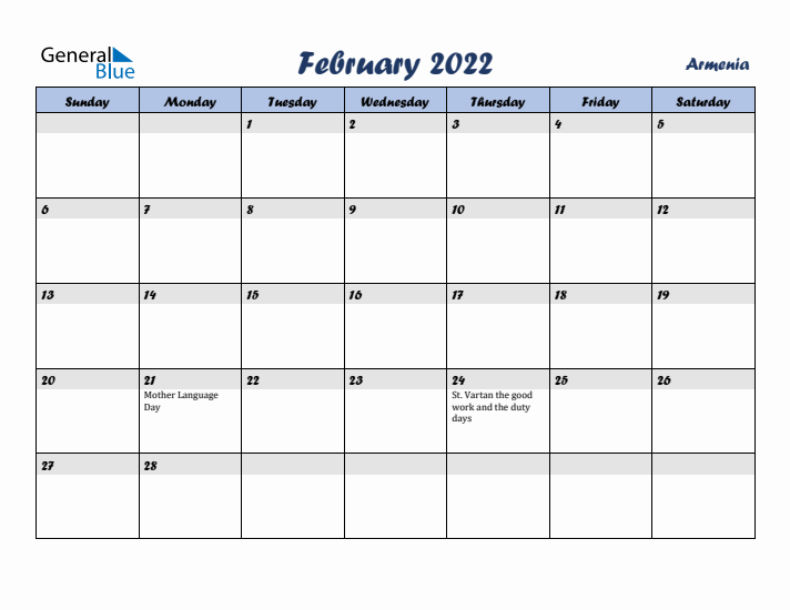 February 2022 Calendar with Holidays in Armenia