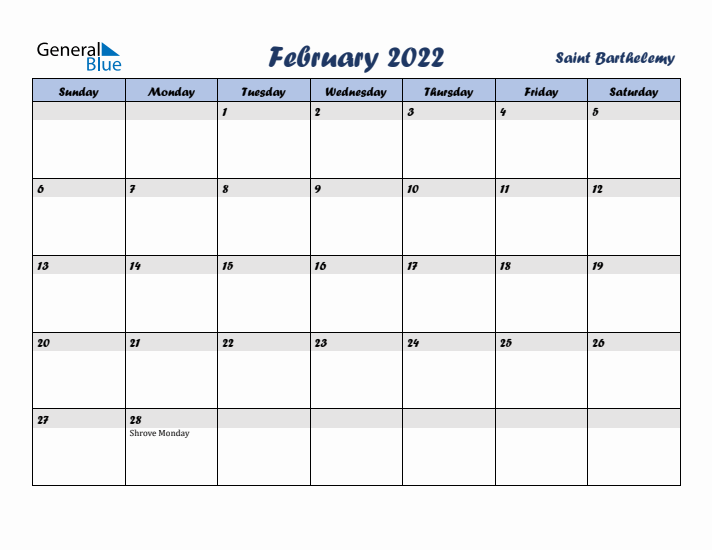 February 2022 Calendar with Holidays in Saint Barthelemy