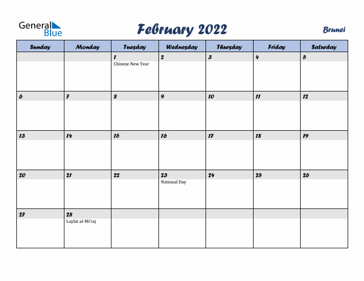 February 2022 Calendar with Holidays in Brunei