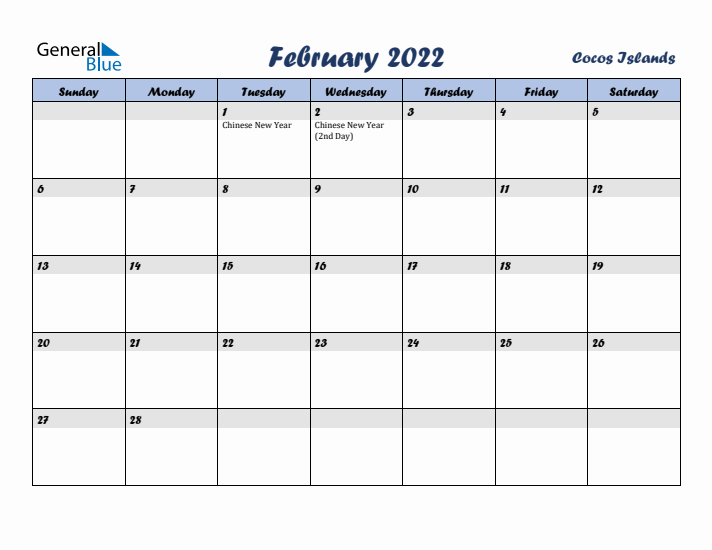 February 2022 Calendar with Holidays in Cocos Islands