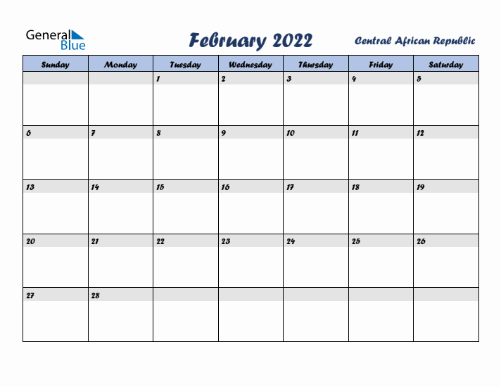February 2022 Calendar with Holidays in Central African Republic