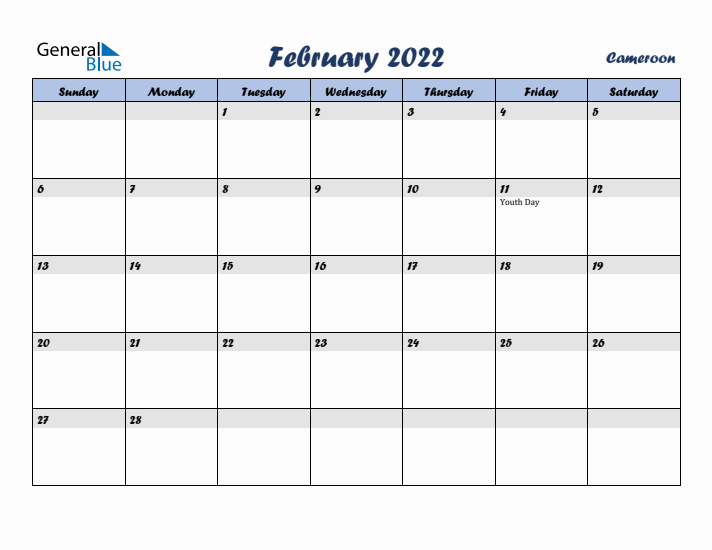 February 2022 Calendar with Holidays in Cameroon