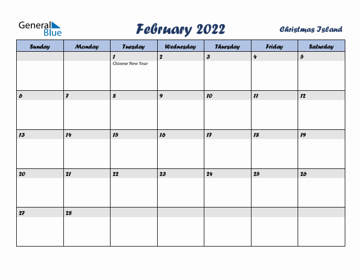 February 2022 Calendar with Holidays in Christmas Island