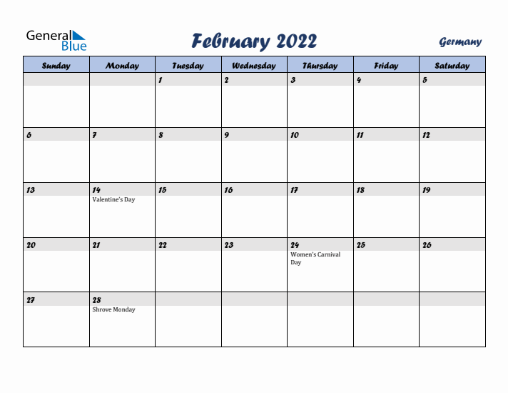 February 2022 Calendar with Holidays in Germany