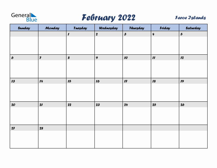 February 2022 Calendar with Holidays in Faroe Islands