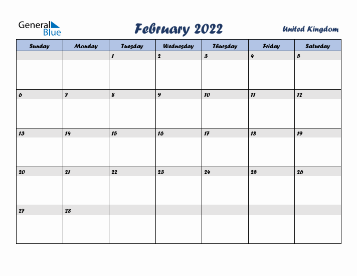 February 2022 Calendar with Holidays in United Kingdom