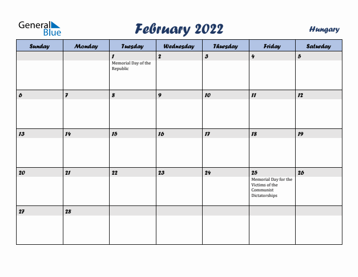February 2022 Calendar with Holidays in Hungary