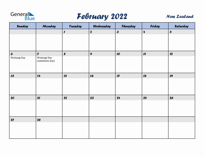 February 2022 Calendar with Holidays in New Zealand